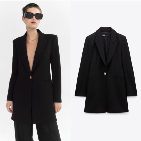 Zara Dresses & Skirts - Zara Long Blazer Black with Gold Buttons Size XL